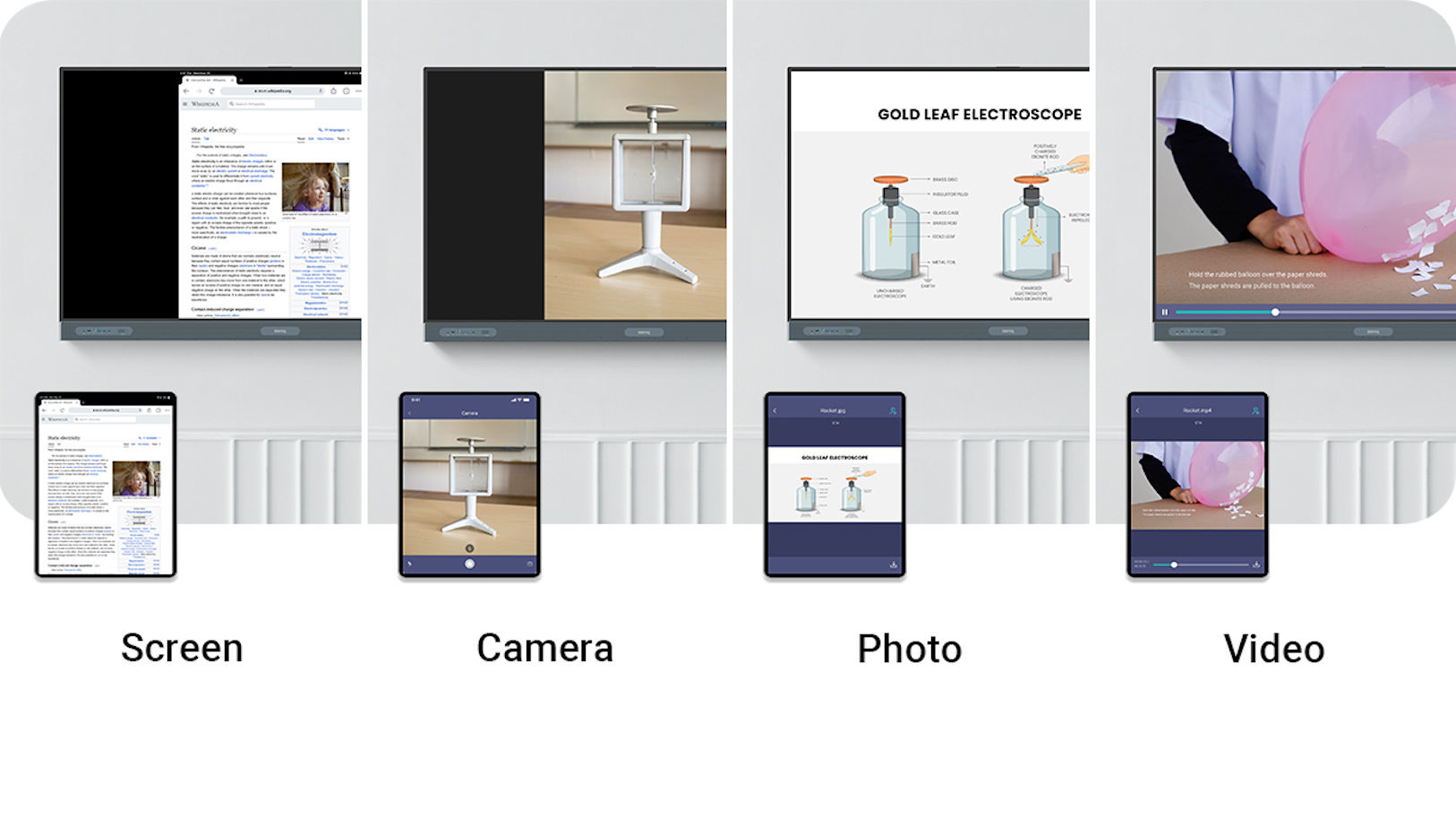 Tablets displaying different types of content on displays in classrooms